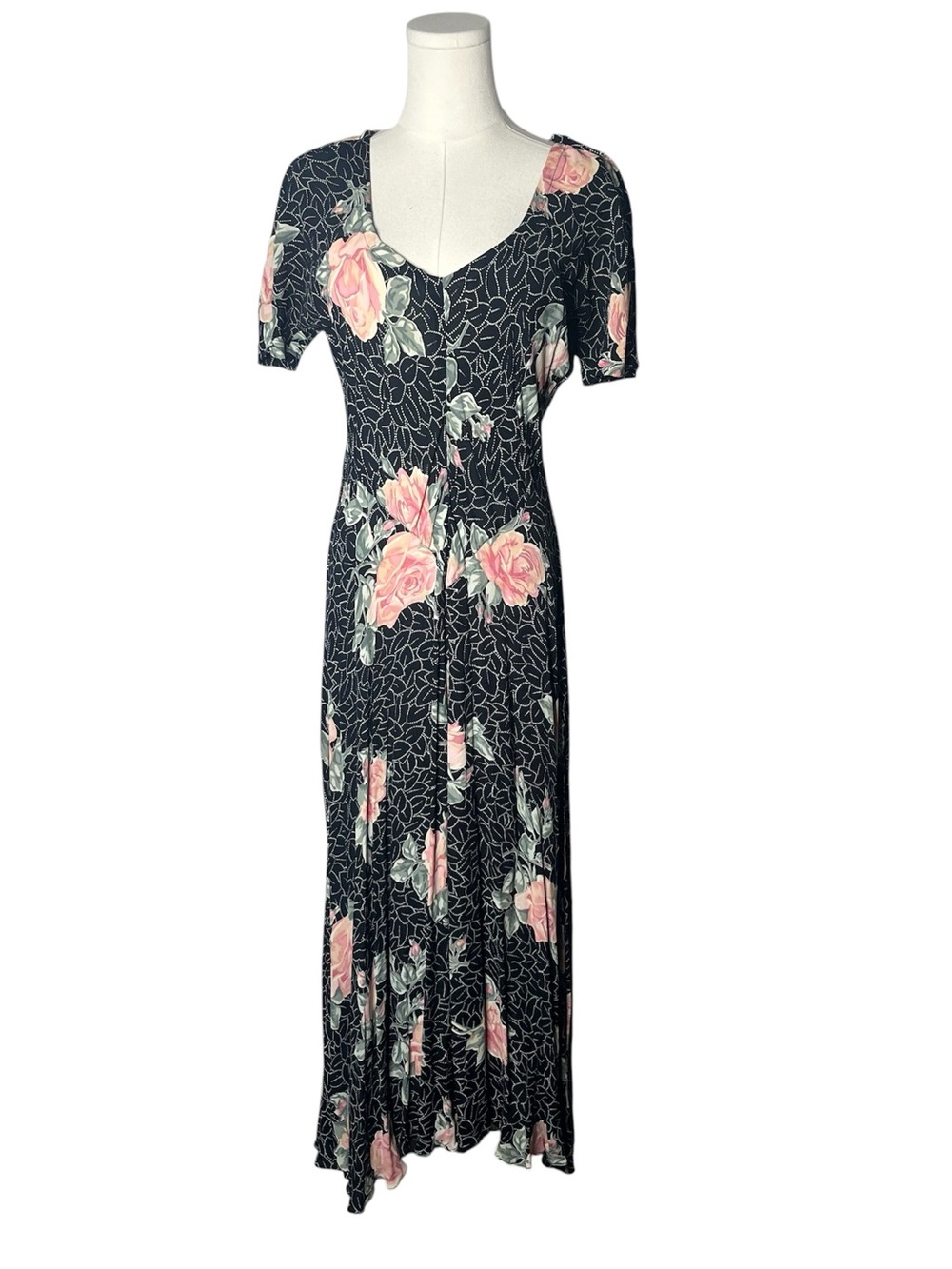 90s Vintage Starina Dark Floral Short Sleeve Bias Cut Maxi Dress Whimsigoth